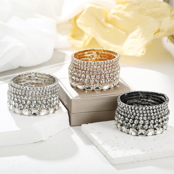 ✨ Winssigma Stretch Bracelets Women Silver Bridal Stackable Rhinestone Jewelry - Picture 6 of 6